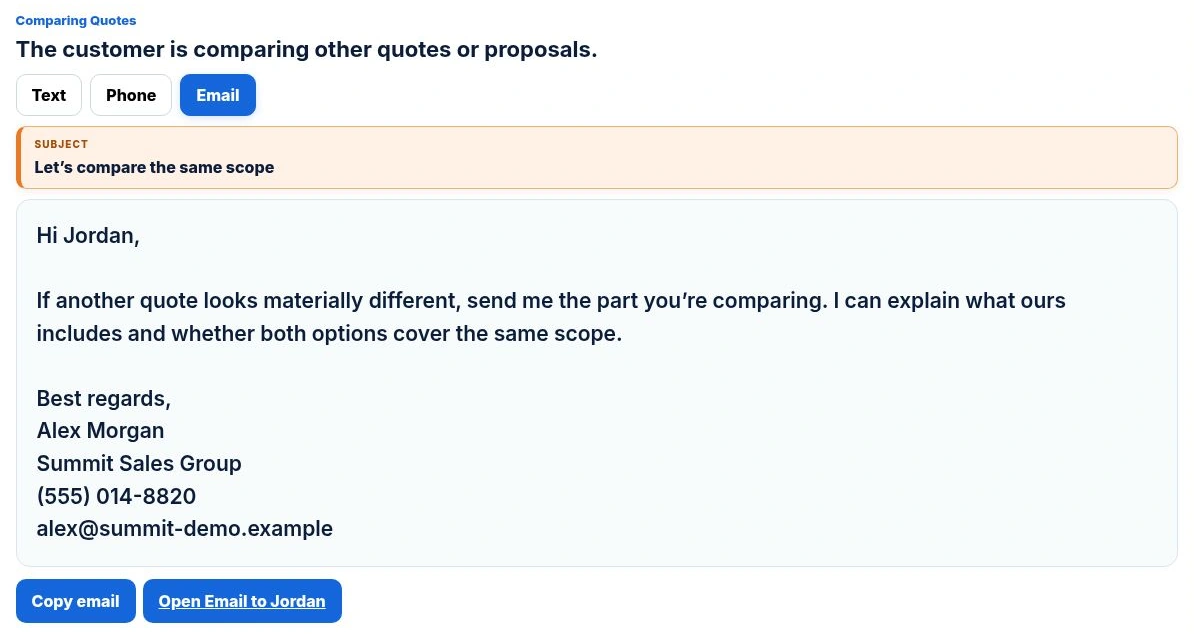 Actual YQA email for Jordan Lee, with a clear scope-comparison next step, personalized greeting and complete business signature