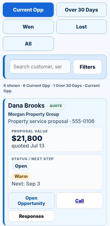 Actual mobile YQA Opportunities view showing Current Opp, Over 30 Days, proposal value, next follow-up and record actions