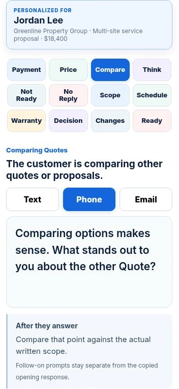 Actual YQA Phone response for Comparing Quotes: one opening question, followed by separate After they answer guidance