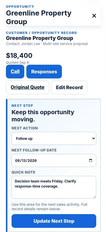 Mobile YQA record for an $18,400 proposal, with customer details, the original quote link, notes and next follow-up