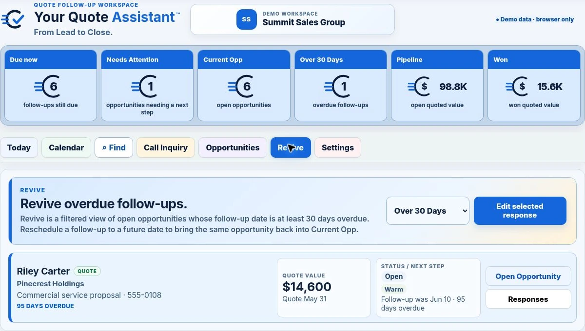 Actual Your Quote Assistant Revive page