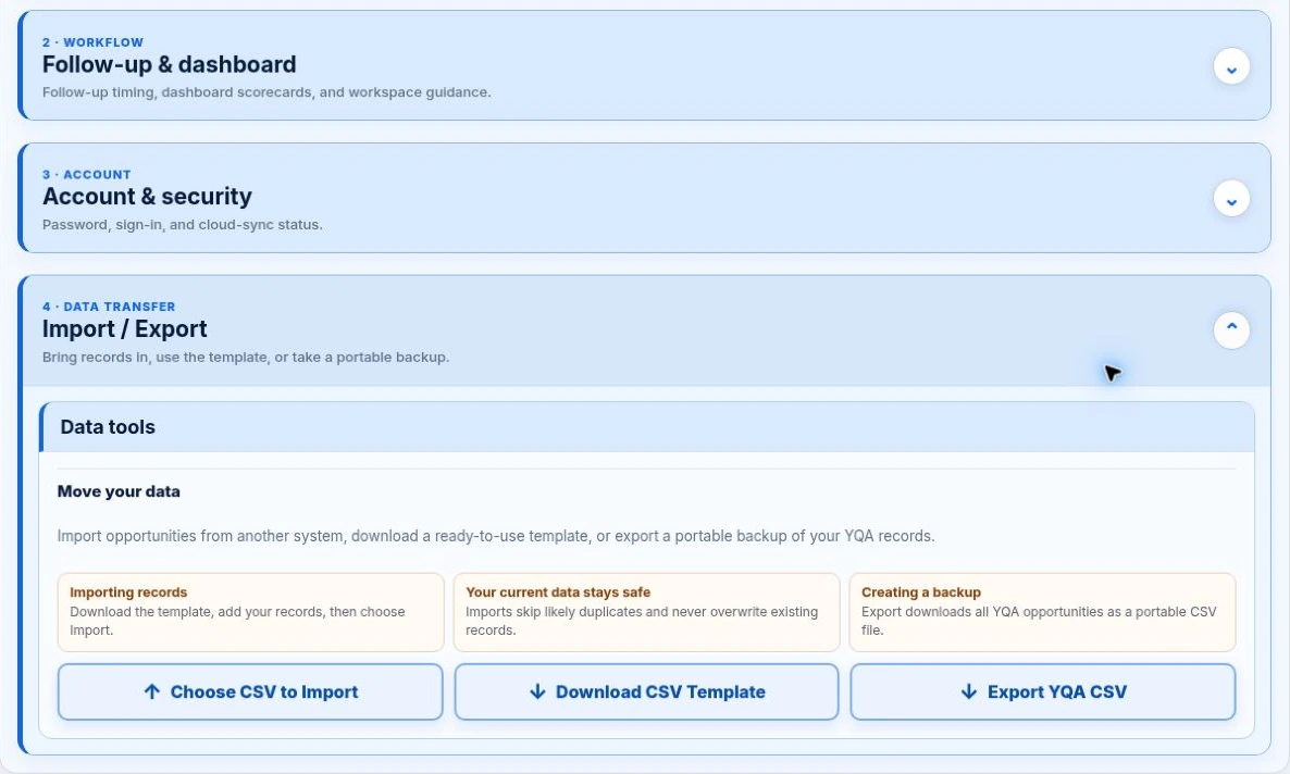 Actual YQA Settings with CSV import and export tools
