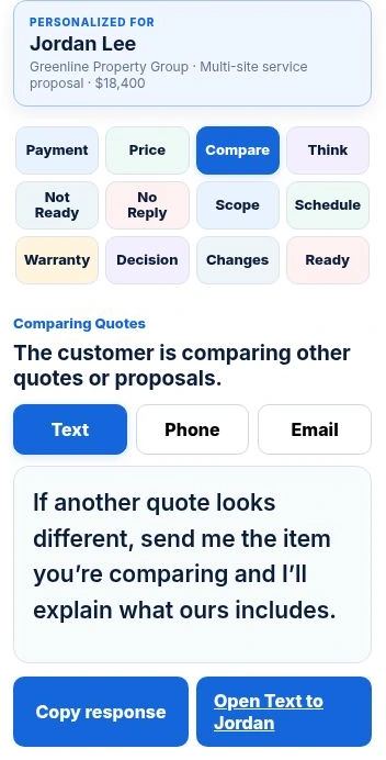 Actual YQA Text response for the same Jordan Lee opportunity, with a focused next step and Open Text to Jordan action