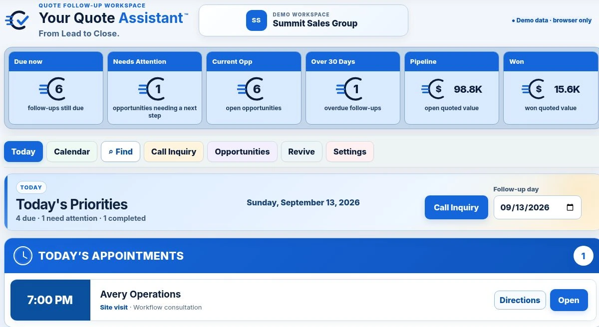 Actual Your Quote Assistant Today workspace