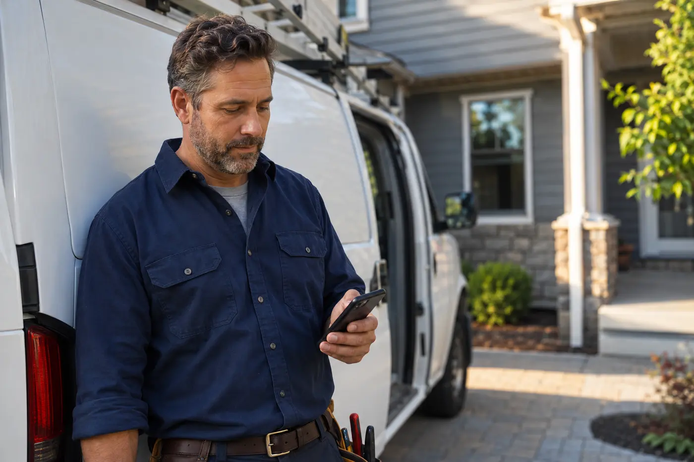 Field professional reviewing customer follow-up from a job site