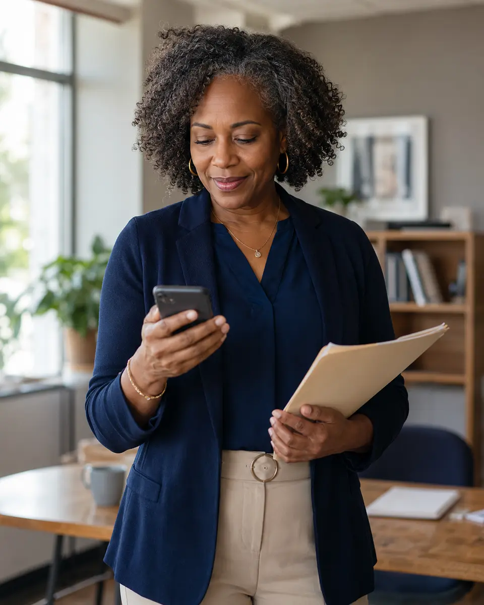 Professional-services consultant reviewing a customer follow-up in her office